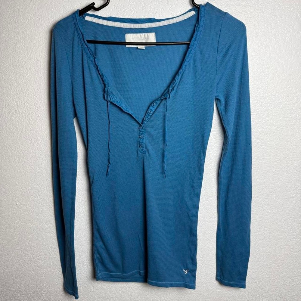 American Eagle Outfitters Teal Waffle Knit Henley Long Sleeve Top Small